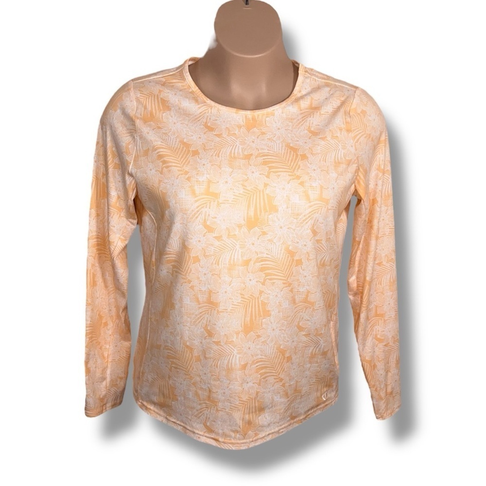 XL Hang Ten Orange White UPF 50 Long Sleeve Top Tropical Floral Stretch Pockets